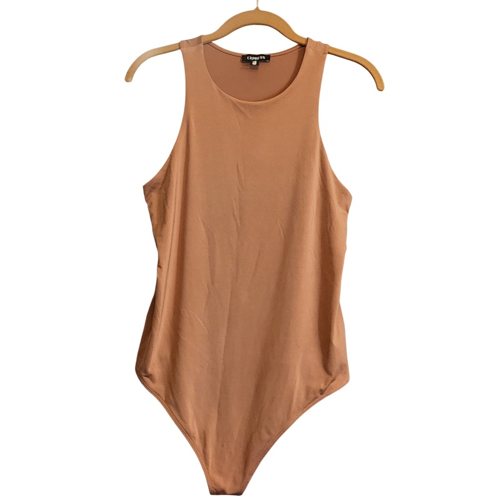 Express Bodysuit Womens Small Tan NWOT High Neck Sleeveless Stretch Minimalist